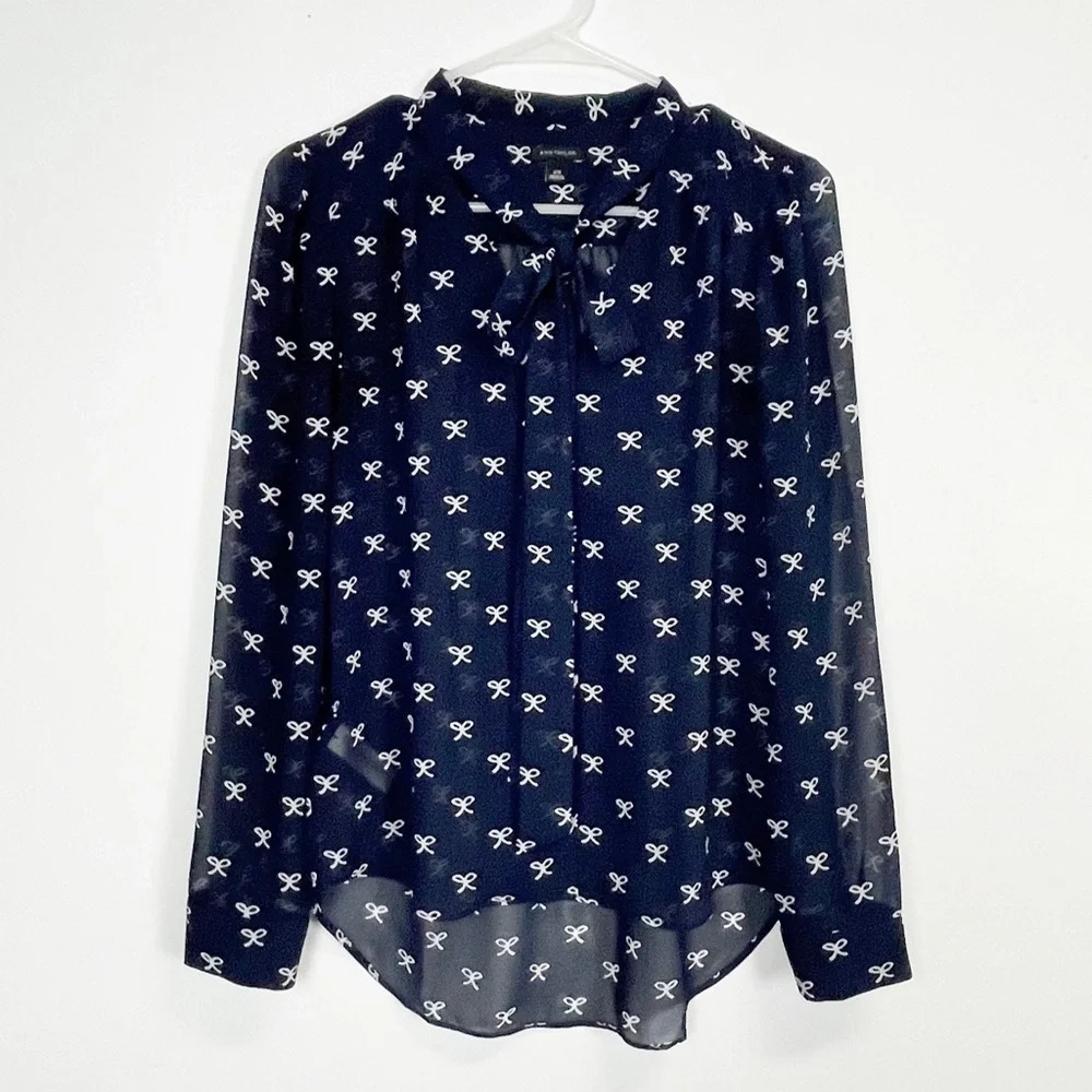 Ann Taylor Shirt Womens Size XS Navy Blue White Bow Blouse Neck Tie Sheer